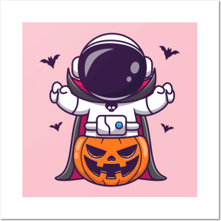 Cute Astronaut Dracula With Pumpkin Halloween Cartoon Posters and Art